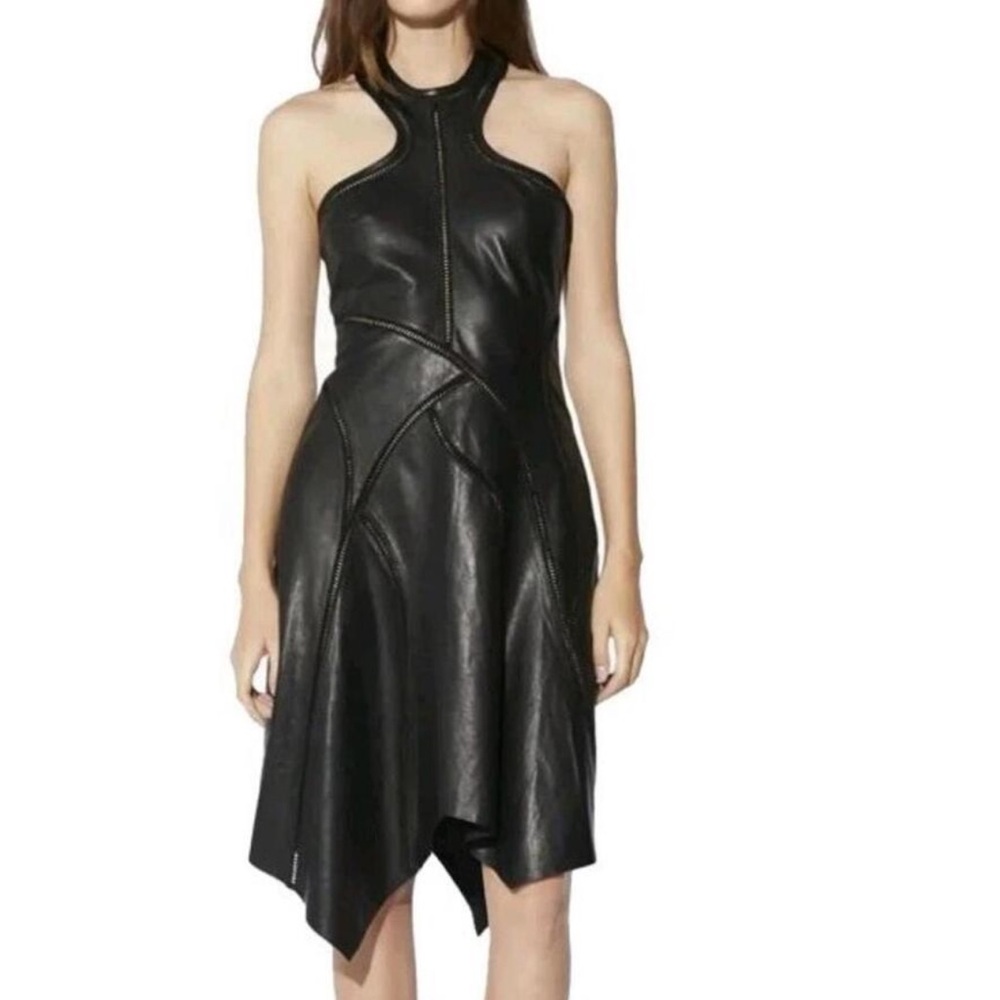 NEW NWT RTA Asymmetrical genuine black leather halter dress size 0